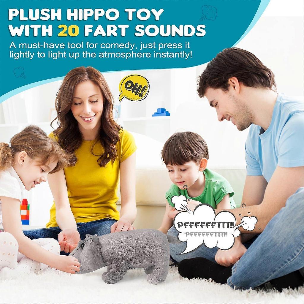 Hippo Farting Plush Toy with 30 Fart Sound Effects, Funny Stuffed Animal Gift for Kids and Adults