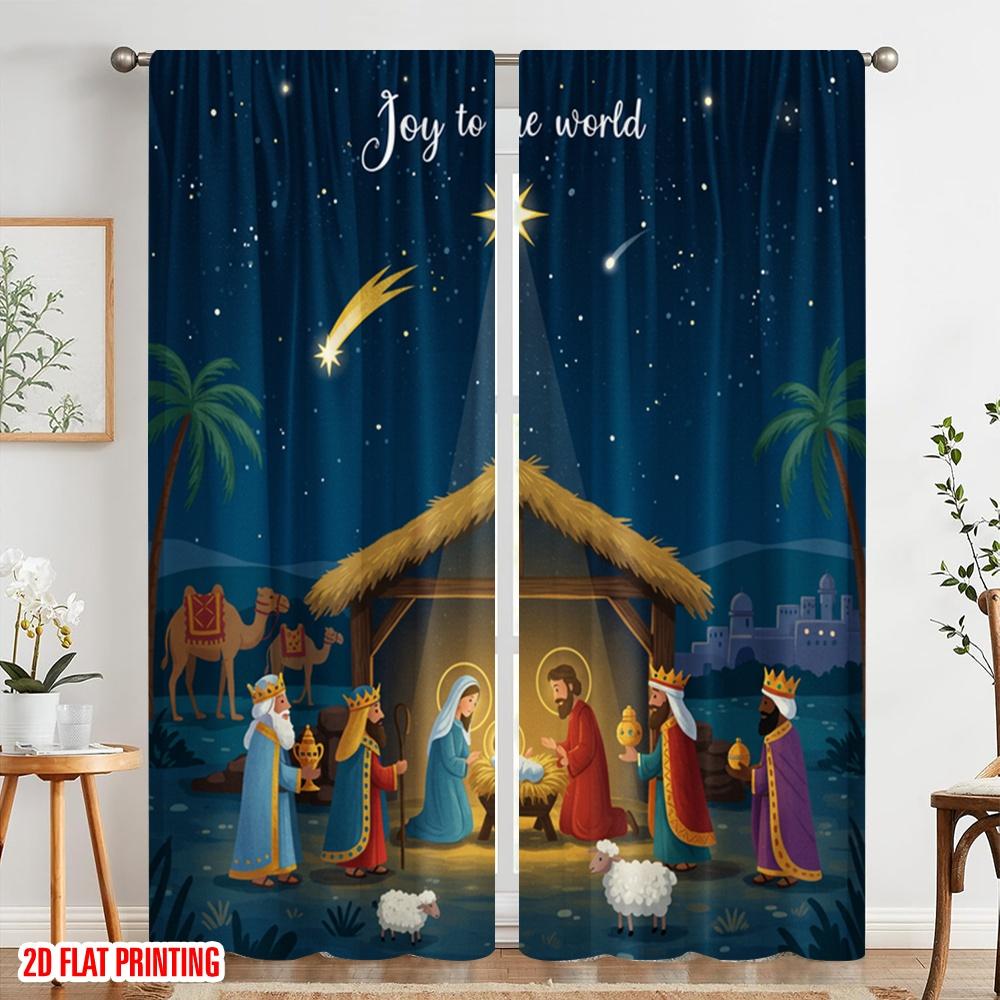 2pcs 2D flat printing Curtains Nativity Scene Joy World Fabric Without Electricity 0 Use for Bedroom Office Living Room Home