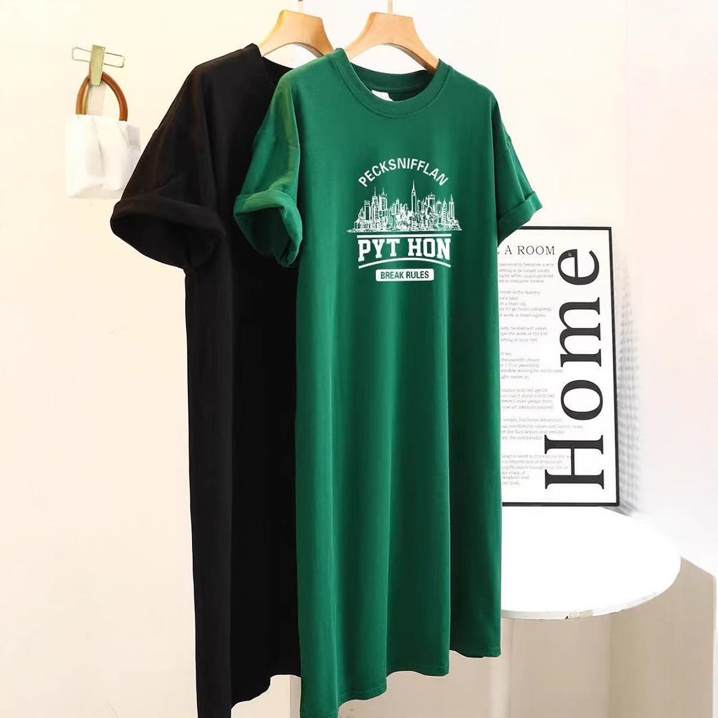 Large size women's clothing Korean lazy style t-shirt dress summer fat mm belly cover and thin small person knee long skirt