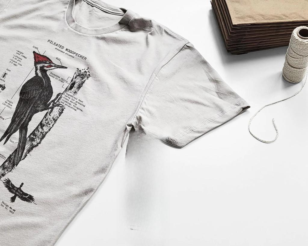 Pileated Woodpecker Anatomy Tshirt, Birder Tshirt, Woodpecker Shirt, Bird Biology Diagram Screen Printed Woodpecker Cotton Shirt