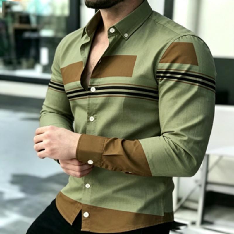 Men's Shirt Trendy Men's Color Block Splicing Long Sleeve Shirt Horizontal Stripe Decorative Collar Shirt European and American