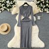 Autumn Winter Women Casual V-neck Full Sleeve Twist Knitted Pullover Sweater Long Midi Sheath Dresses