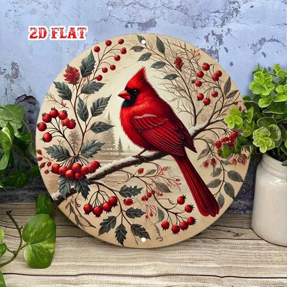 Vintage Winter Metal Tin Sign 7.8x7.8 Inch Rustic Wall Decor Cardinal Birds Snowy Branches German Quote
