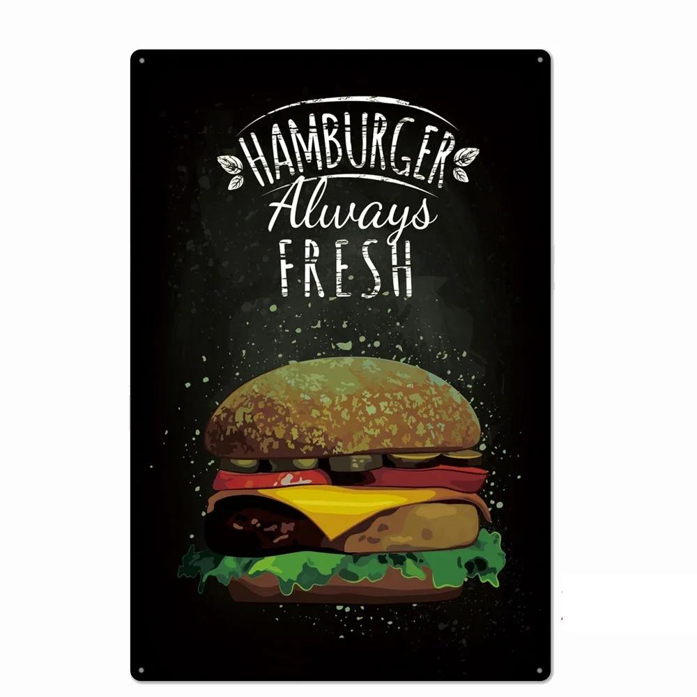 Delicious Hamburger Food Signs Metal Plaques Barbecue Kitchen Restaurant Shop Tin Sign Decorative Posters Retro Iron Paintings