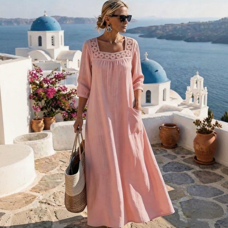 Casual Square Neck Three Quarter Sleeve Solid Color Womens Loose Long Maxi Dress