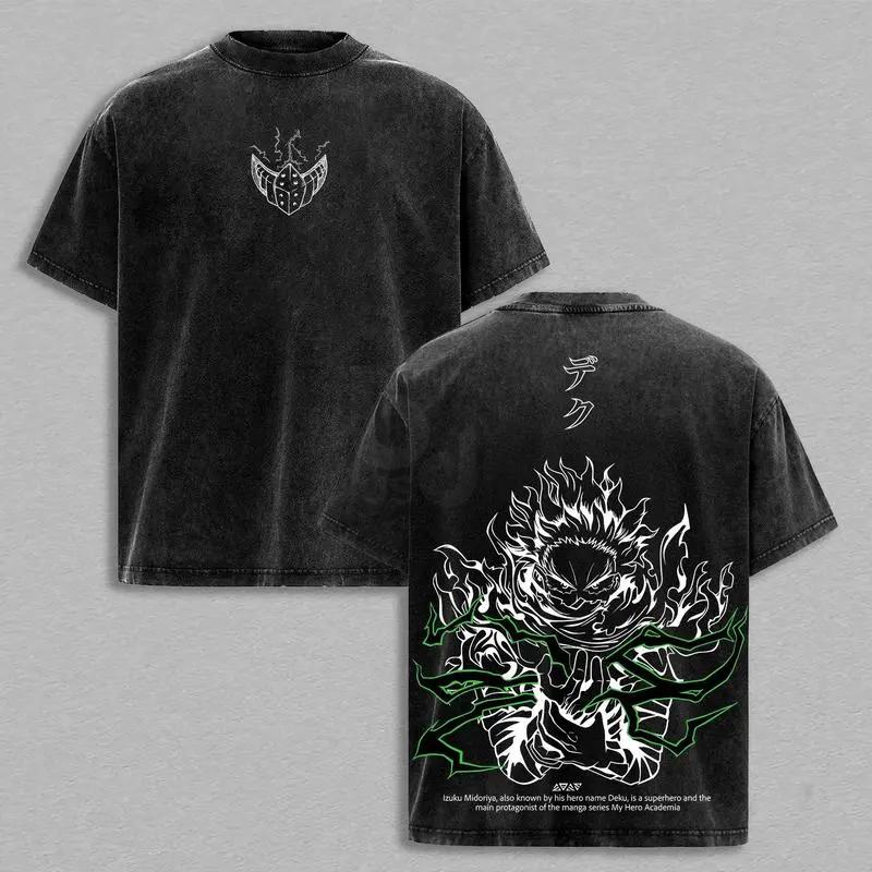 My Hero Academia Midoriya Izuku Anime T Shirt Men's Clothing Vintage Washed Short Sleeve T-shirt High Quality Cotton Tees Tops