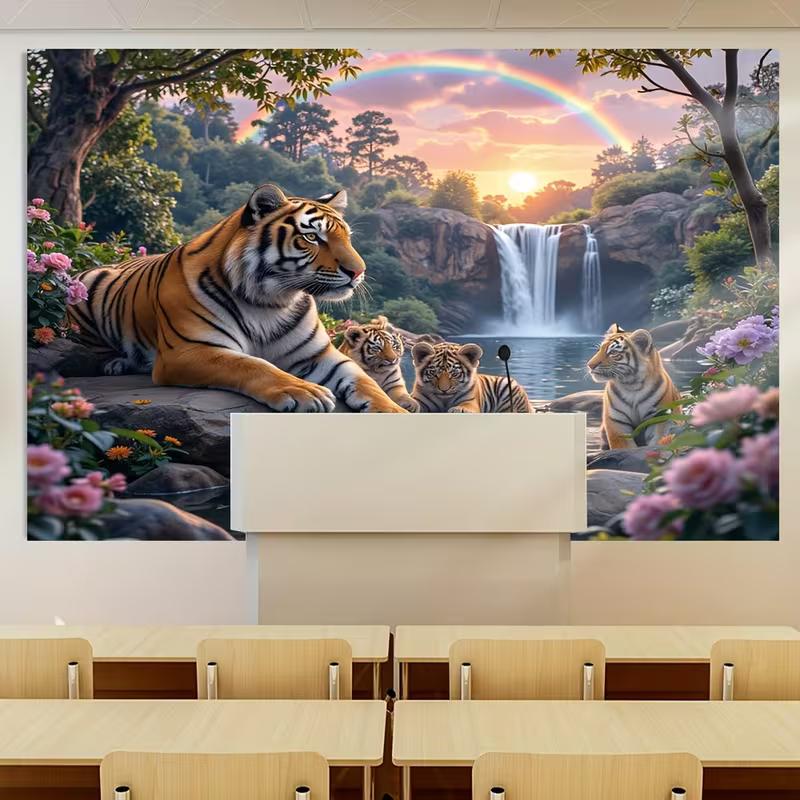 2D Jungle Tiger Tapestry Nature Waterfall Sunset Backdrop Cloth for Living Room Party