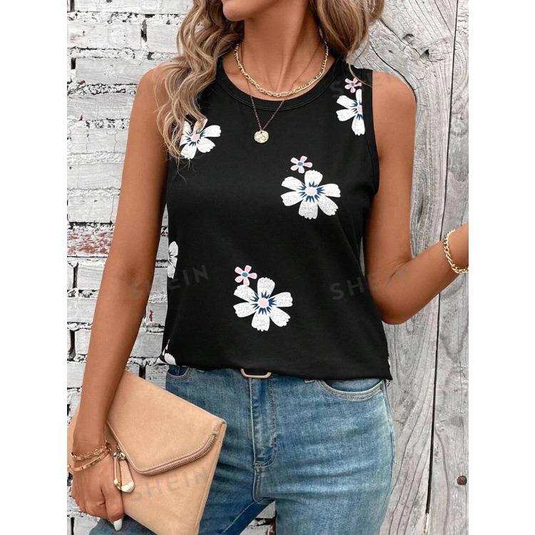 Summer Daily Casual Women's O-neck Tank Top Street Fashion Flower Print Sleeveless Outdoor Sports Top