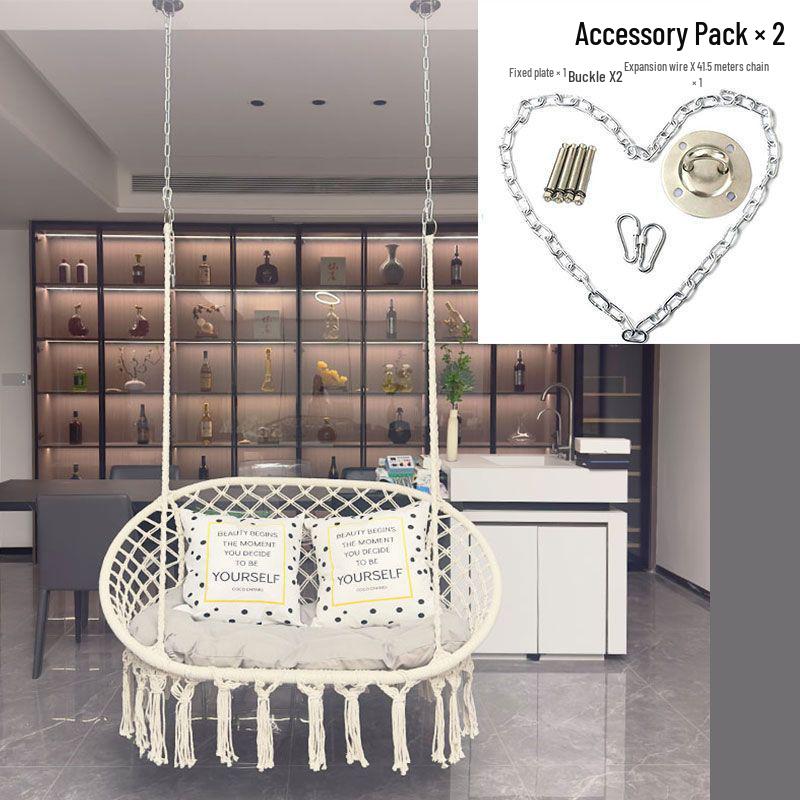 Nordic Indoor Outdoor Double Hanging Chair Swing with Tassel Cradle - Cotton and Linen Hammock for Homestay or Balcony.