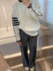 Women's Four-Bar Knit Sweatshirt: Casual Round Neck Pullover for Couples, Trendy Autumn Outerwear