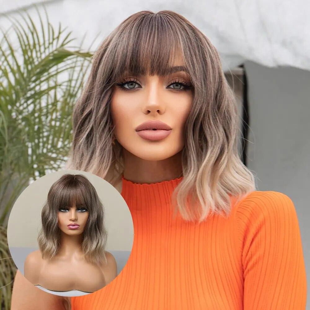 Parrucche da Donna Bob Mosse con Frangia Corte Biondo Marrone Ombré Sintetiche Capelli Naturali per Uso Quotidiano Cosplay Fibre ad Alta Temperatura