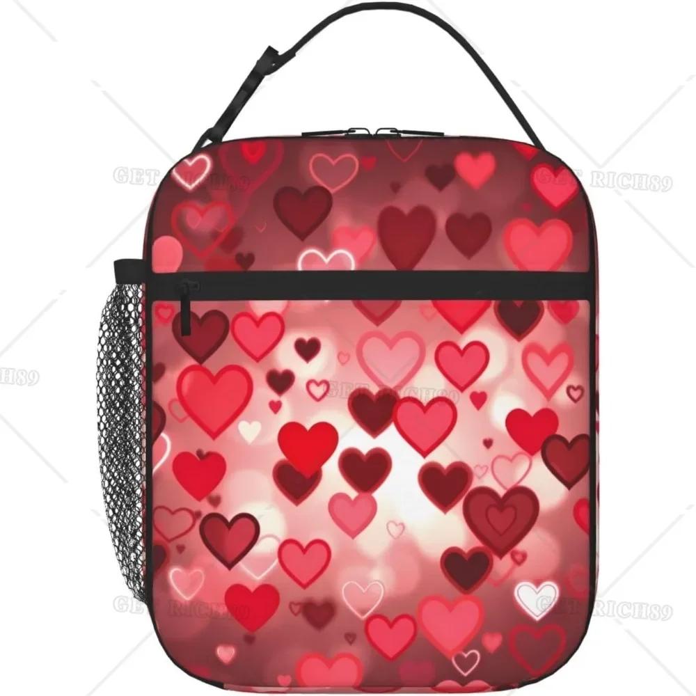 Bedruckte Valentinstag-Lunchtasche mit Seitentasche für Frauen Liebesherzen Isolierte Box Thermische Mahlzeitentrage für Arbeit Picknick Büro