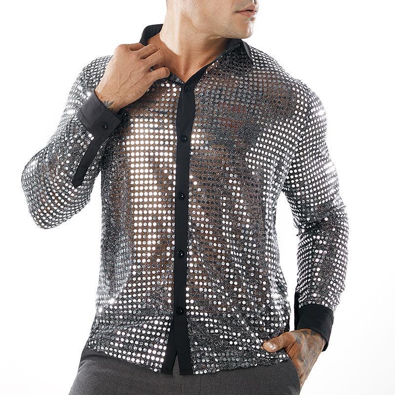 Mens Long Sleeve Performance Wear Scale Shirt Long Sleeve Collar 70s Disco Party Clothes