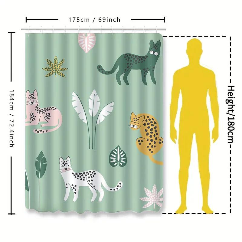 Animal Print Shower Curtain, Cat Design, Green Floral Pattern, Polyester Waterproof Fabric, Modern Bathroom Decor Unique Home Ac