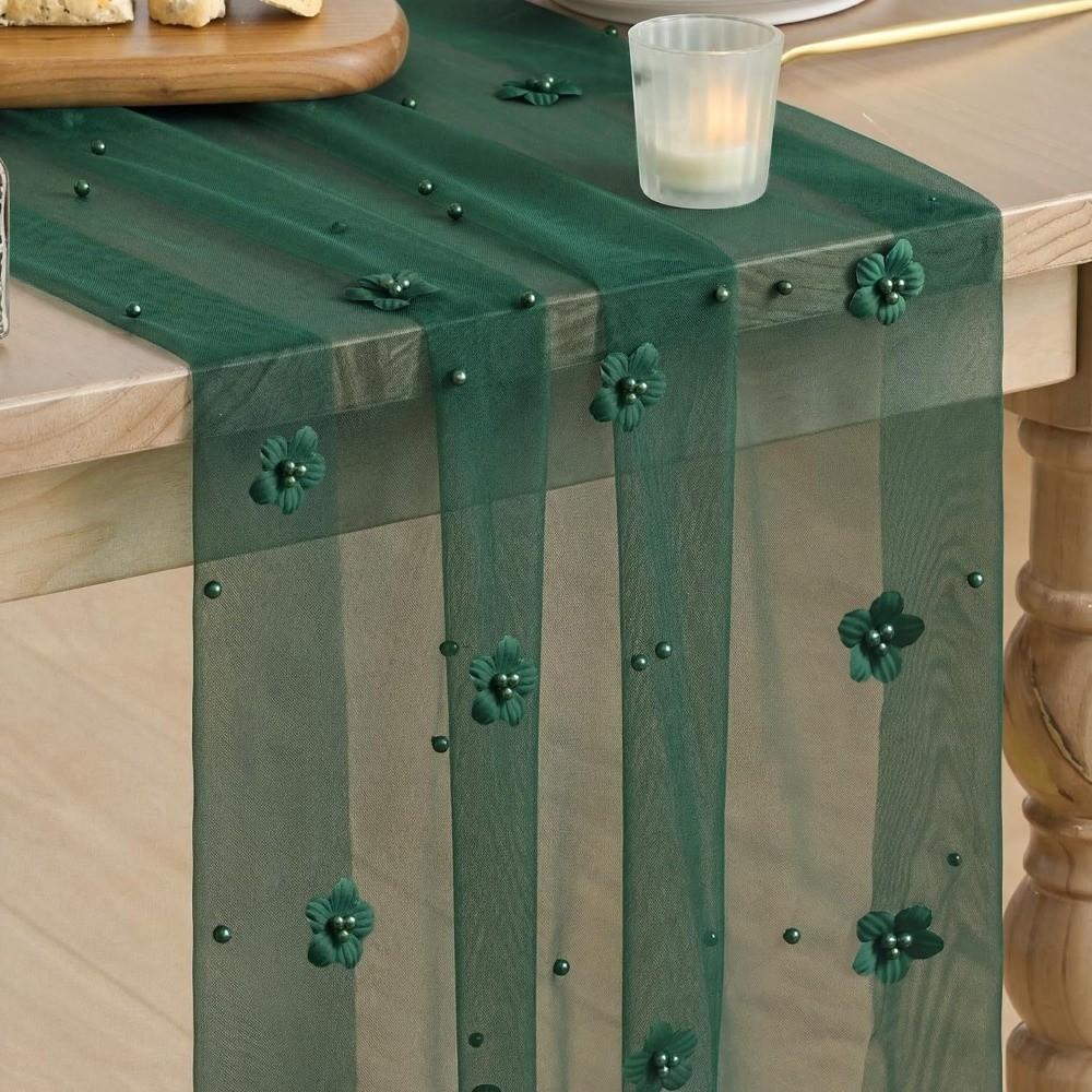3D Flower Pearl Table Runner Romantic Multi-color Wedding Table Runner Semi-Transparent Vintage Tulle Table Runner Baby Shower