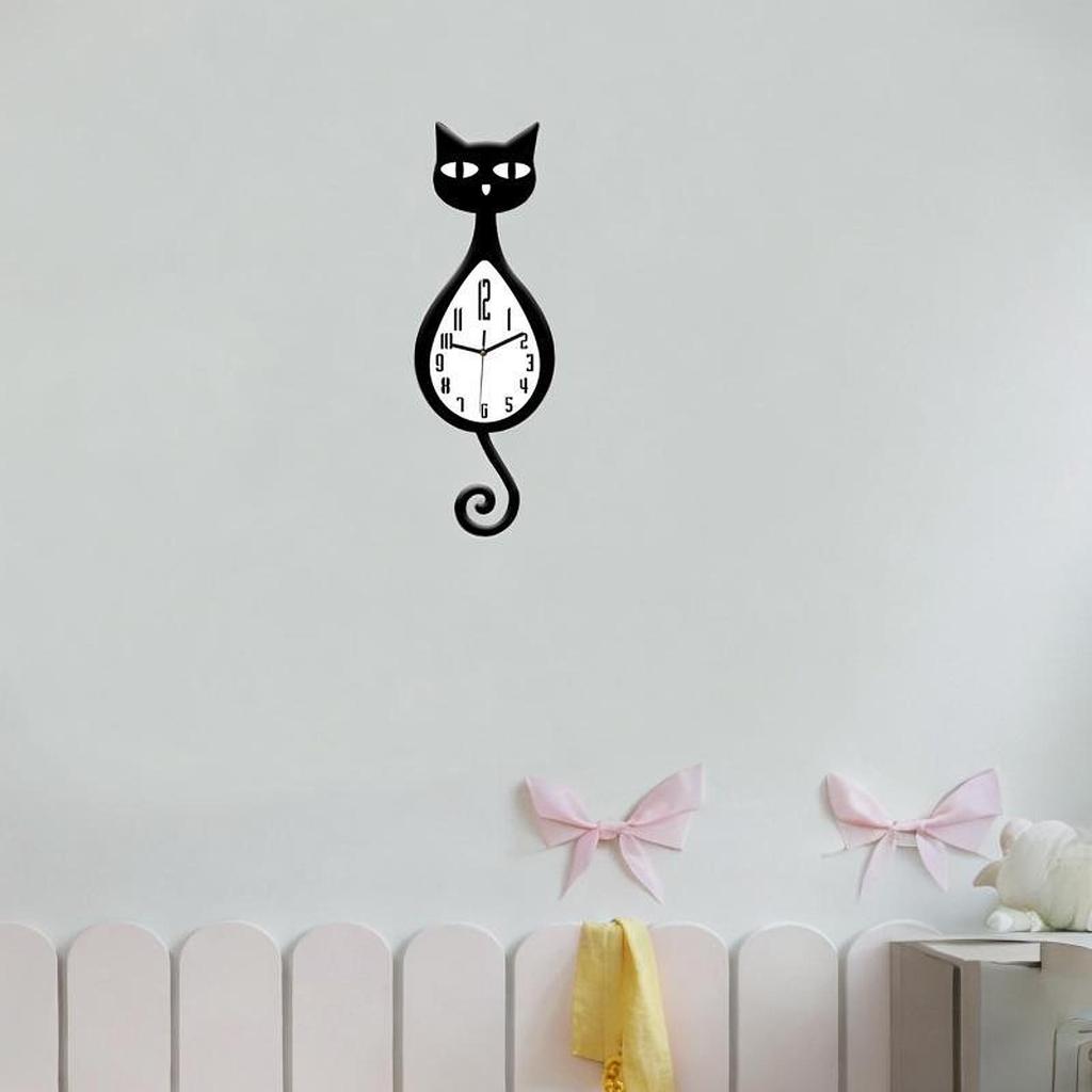 Cat Shaped Wall Clock Decorative,Easy Install,Indoor Decor,Adorable Hanging Clock Silent Movement for Bedroom Children Room Cafe