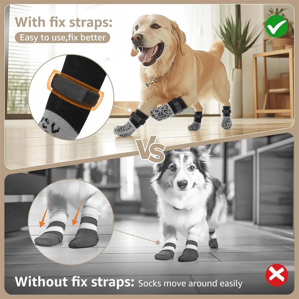 Paquete de 4 Calcetines Antideslizantes para Perros, Previenen Lamer y Morder Suelos de Madera Dura, Agarre Fuerte, Protección de Patas, Anti-Arañazos, Doble-