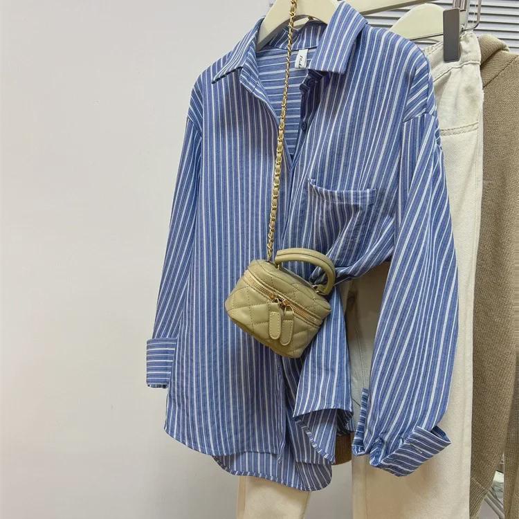 Women's Blue Striped Long-Sleeve Shirt Jacket - French-Inspired Spring 2024 Collection