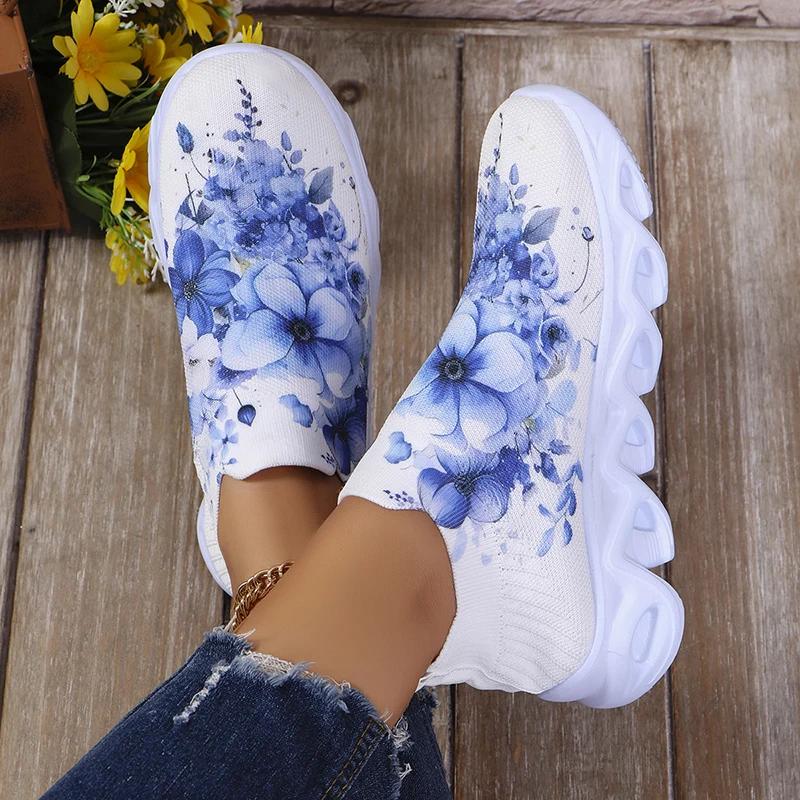Fashion Fashion Printed Women's Running Sneakers Plus Size Knitted Breathable Mesh Casual Shoes Woman Comfortable Non Slip Walking Flats