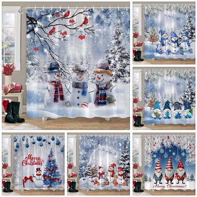 Winterblauer Hintergrund Weihnachtsduschevorhang Schneemann Geschenk Frohe Weihnachten Polyester Waschbarer Duschvorhang Badezimmerdekoration