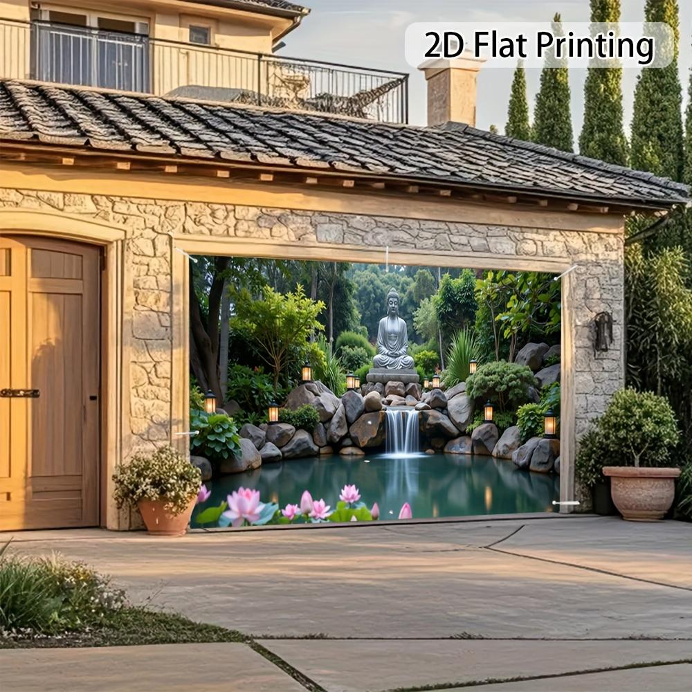 2D Flat 1pc Garage Door Polyester Banner - Serene Buddha Falls Garden Decoration with Lotus and Waterfall, Party Decoration