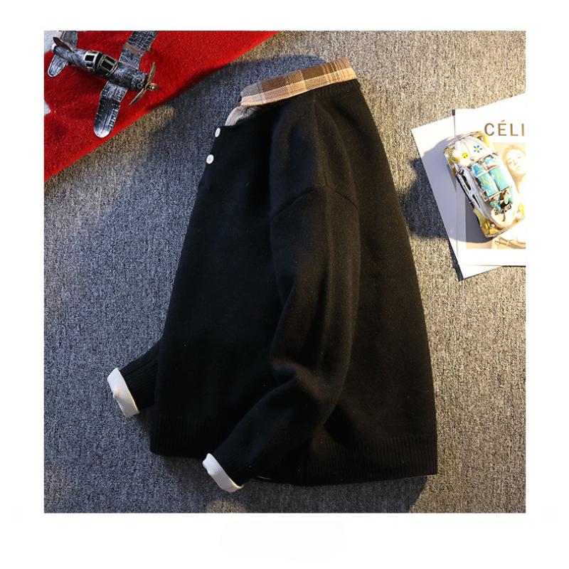 Men's Spring Autumn Pullover Lapel Fake Two-piece Knitted Sweater Base Shirt Casual Lapel Sweatshirt