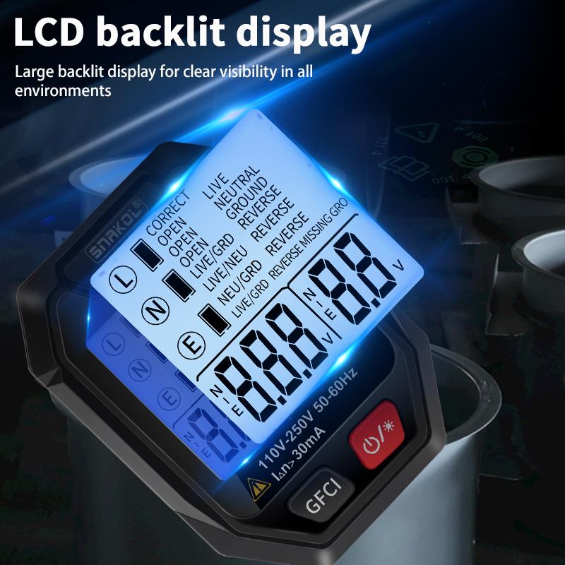 

Тестер розетки SNAKOL Цифрова вилка Визначення напруги змінного струму 30 мА Тест УЗО Перевірка полярності Перевірка фази Перевірка ланцюга Двоколірне підсвічування