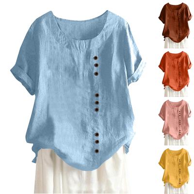 Women's Fashion Casual Solid Color Round Neck Short Sleeve Cotton Linen T-Shirt Top