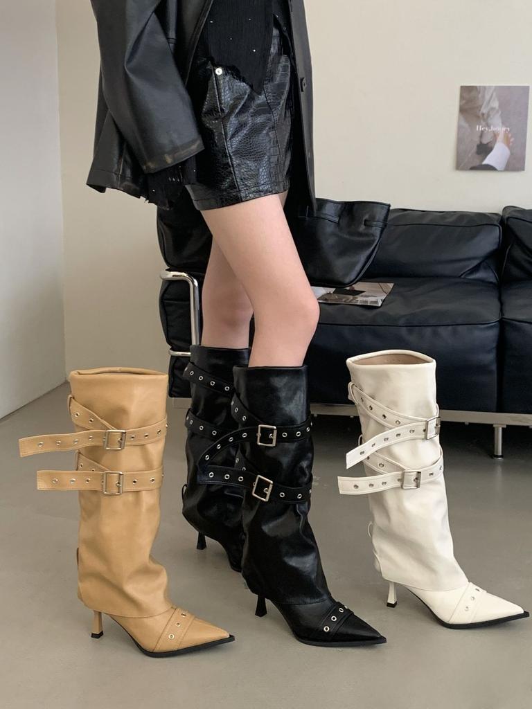 Maillard boots riveted babes pleated piled pants tube boots 2025 new brown pointed boots women's autumn and winter
