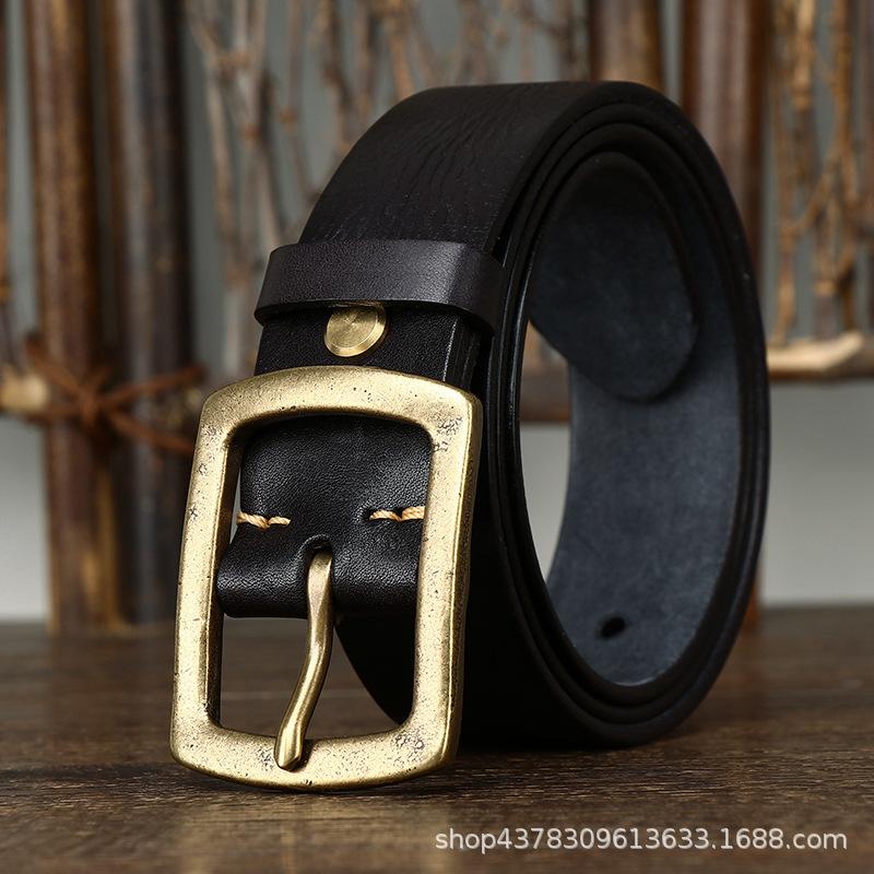 European And American Retro Concave Old First Layer Cowhide Belt Men'S Genuine Leather Japanese Character Copper Needle Buckle Jeans Belt