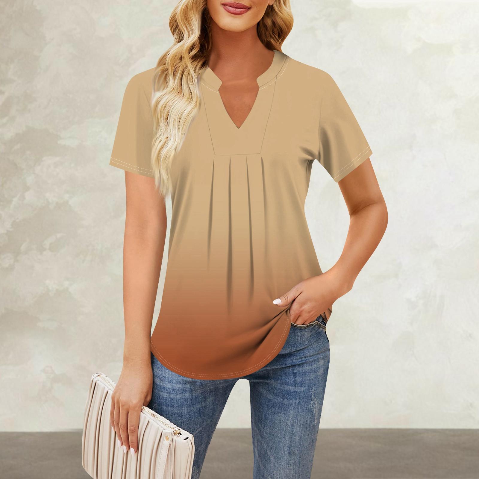 

Женская повседневная свободная футболка с коротким рукавом и v-образным вырезом на груди, плиссированная свободная футболка с принтом, топ L верблюд