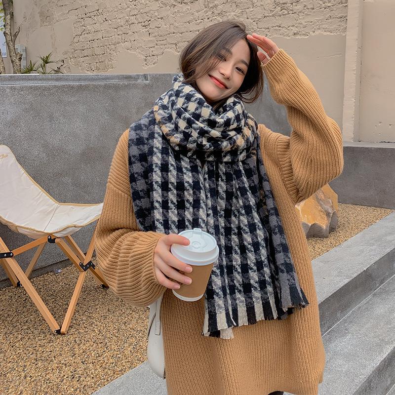Houndstooth Plaid Ins Scarf Women's Autumn and Winter New Korean Version Versatile Student Shawl Warm Scarf Men's Trend