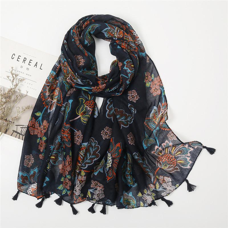 Spain Luxury Brand Navy Blue Lovely Floral Tassel Viscose Shawl Scarf Lady High Quality Wrap Headband Bufandas Muslim Hijab