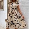Spring Summer Women O Neck Pleated Medium Long Dress Fashion Print Lace-up Dress