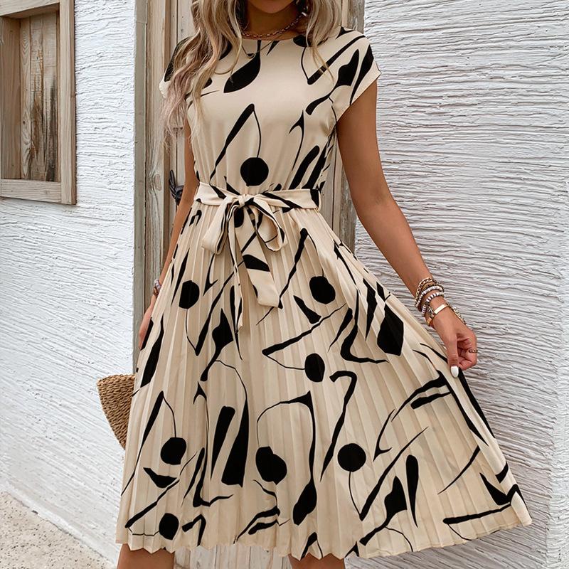 Spring Summer Women O Neck Pleated Medium Long Dress Fashion Print Lace-up Dress