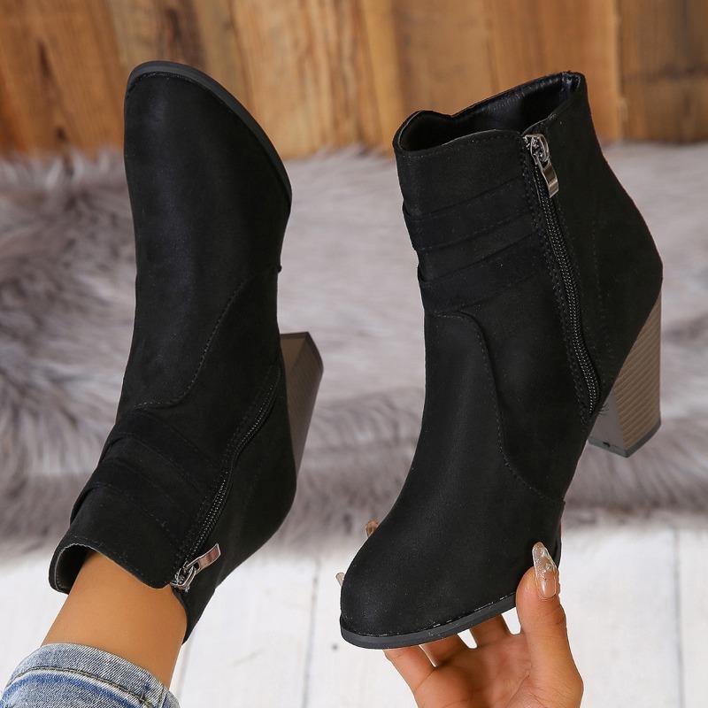 Fashion Women's Chunky Single Boots Autumn New Pointed Flannel Side Zipper Anti-slip Wear-resistant Short Boots