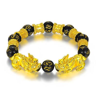 Feng Shui obsidiánový náramek z kamenných korálků Muži Ženy Unisex náramek Zlatá barva Černá Pixiu Bohatství a hodně štěstí Změna