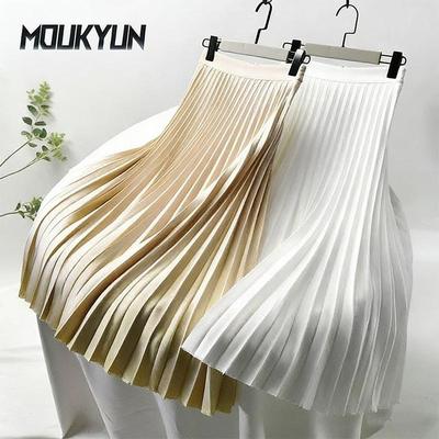 Women Spring Autumn Elegant Chic Solid Pleated Skirt High Waist Luxury Fashion With Elastic Female