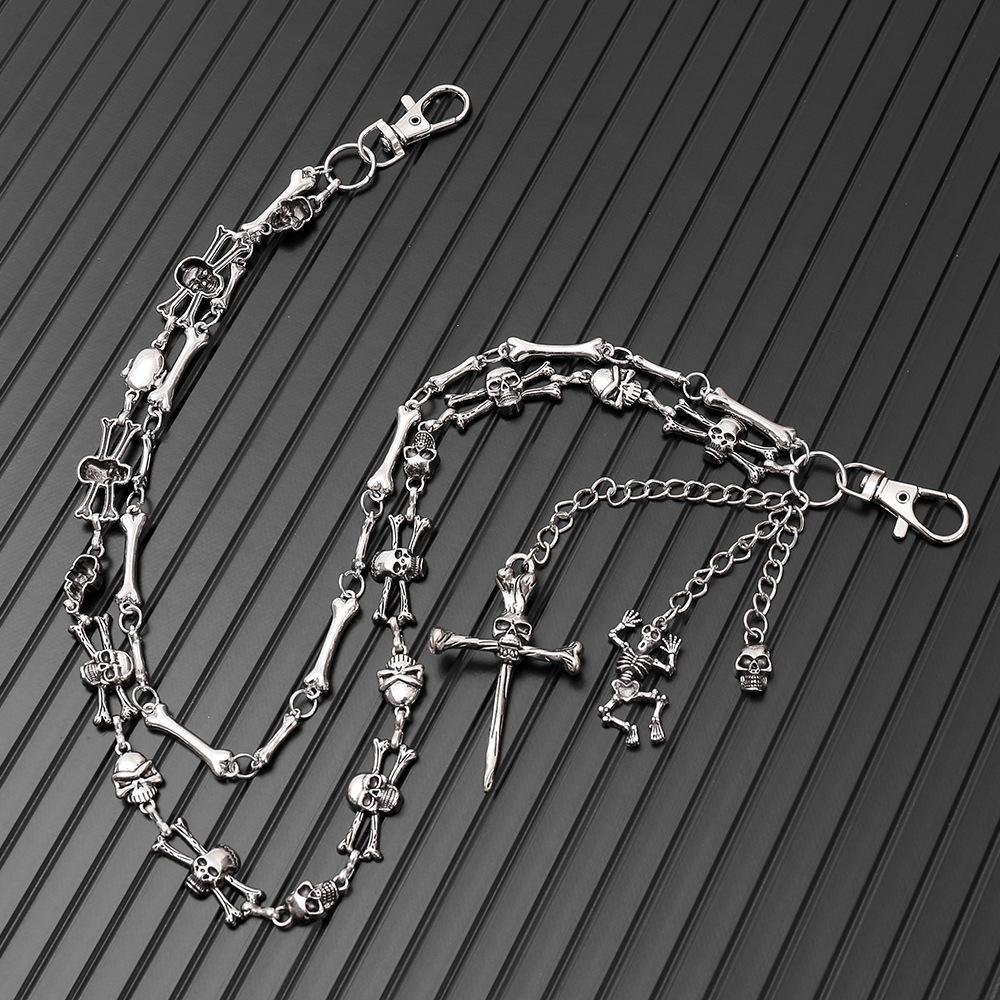 Punk-Stil Schädel Kreuz Doppellagige Metall-Hüftkette für Herren - Hip-Hop Hosenzubehör