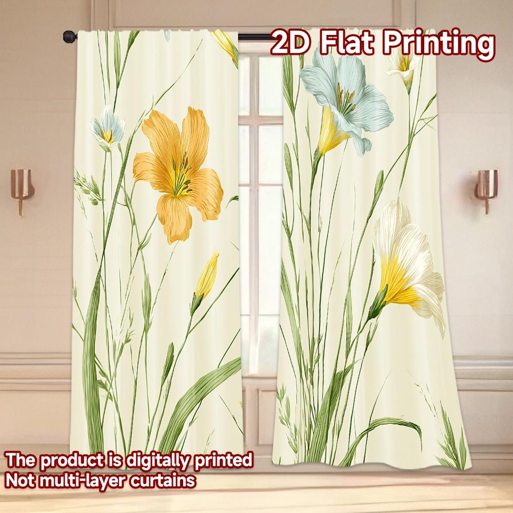 Set Of 2 Minimalist Flat Printing Curtains Without Rod Floral Garden Design New Year Festival Polyester Easy Curtain