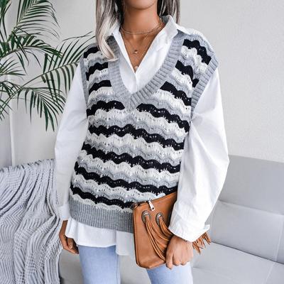 Autumn 2023 Charmingtrend Sweaters Winter Casual Knitted V-neck Striped Vest Sweaters Women Knitwear Pullovers Female Top