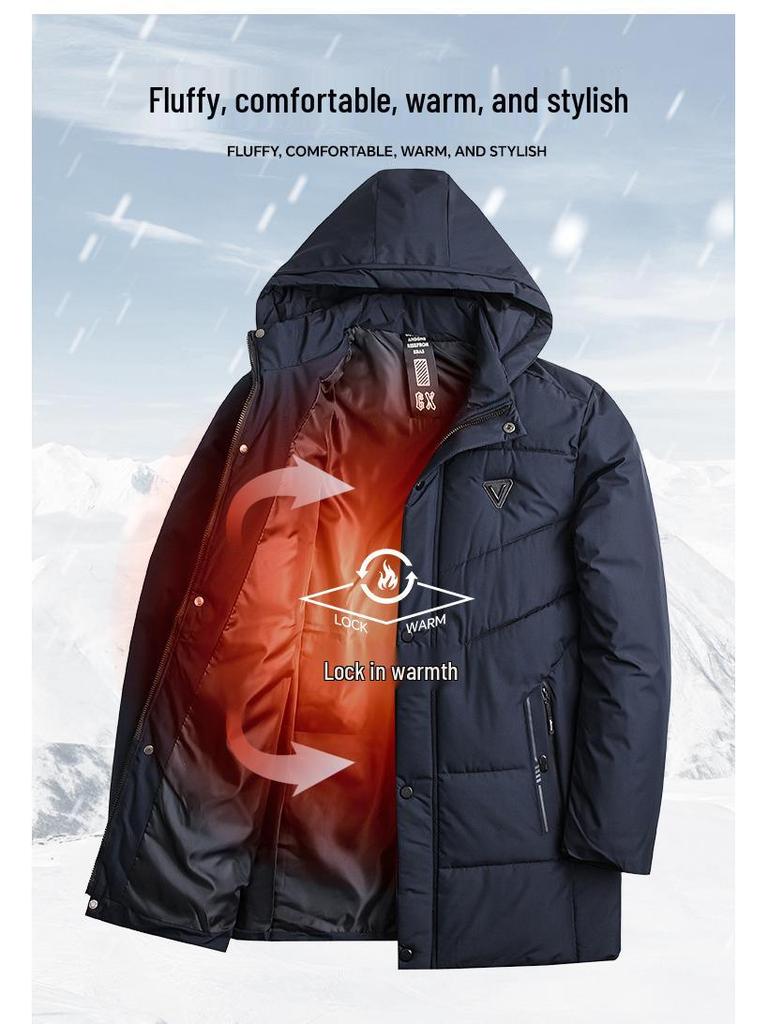 Winter 2025 Men's High Loft Warm Cotton Jacket with Detachable Hood for Middle-Aged and Elderly Business Wear.