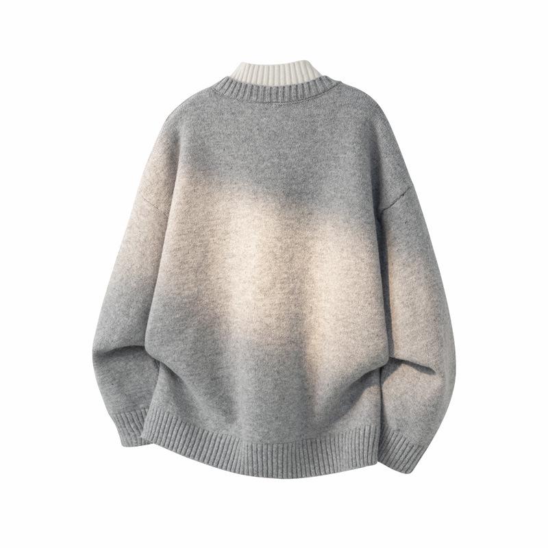 Men's Gray Korean-Style V-Neck Knitwear: Light Luxury, Fake Two-Piece Buttoned High Neck Long Sleeve Sweater Pullover.