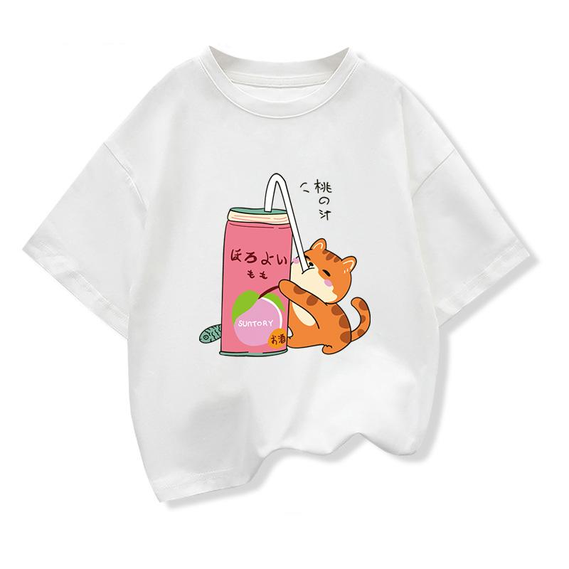 Cute Cat Drinking Milk Tea Casual Top Harajuku Funny Cartoon Short-Sleeve T-Shirt