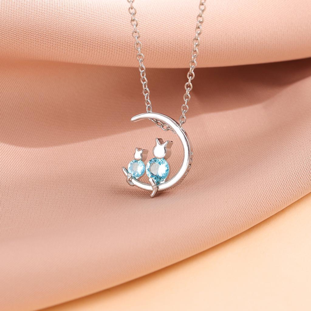 Fashion Simple 925 Sterling Silver Personality Blue Crystal Moon Cat Sweet Necklaces XL041