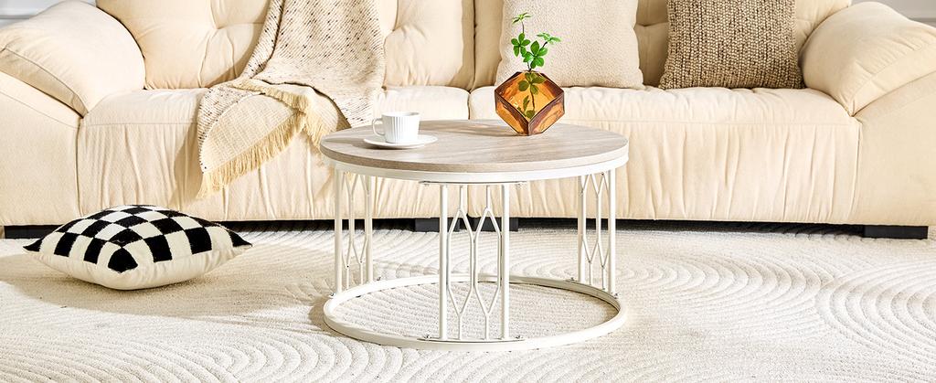 Round Coffee Table with Wood-Look Top and Metal Frame, Modern Living Room Table with Geometric Iron Frame, Sturdy Round Side Table, approx. 70x40.5 cm