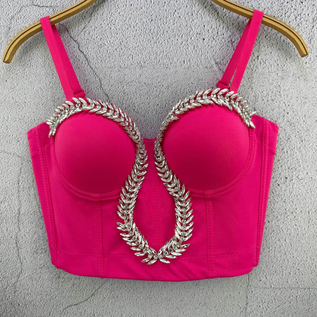 Leaf-shaped Rhinestone Chain Short-sleeved Tank Top with A Sophisticated and Elegant Vibe Perfect for Street Style Fashion. Camis & Tank Tops