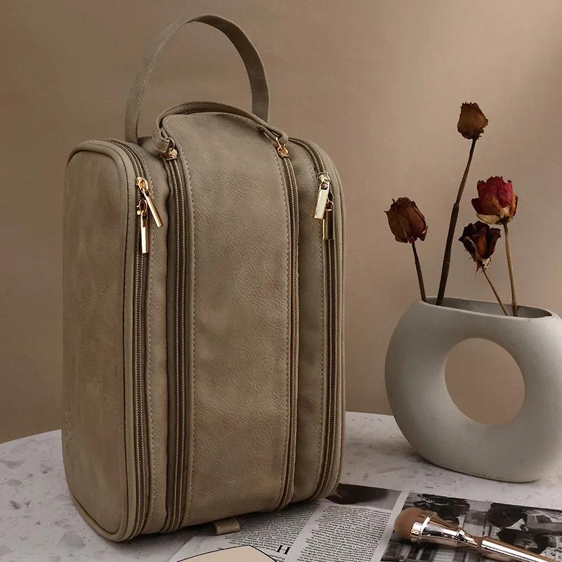 Multifunctional Makeup Bag For Women PU Leather Large Capacity Portable Double Zipper Travel Makeup Brush Toiletries Storage Bag
