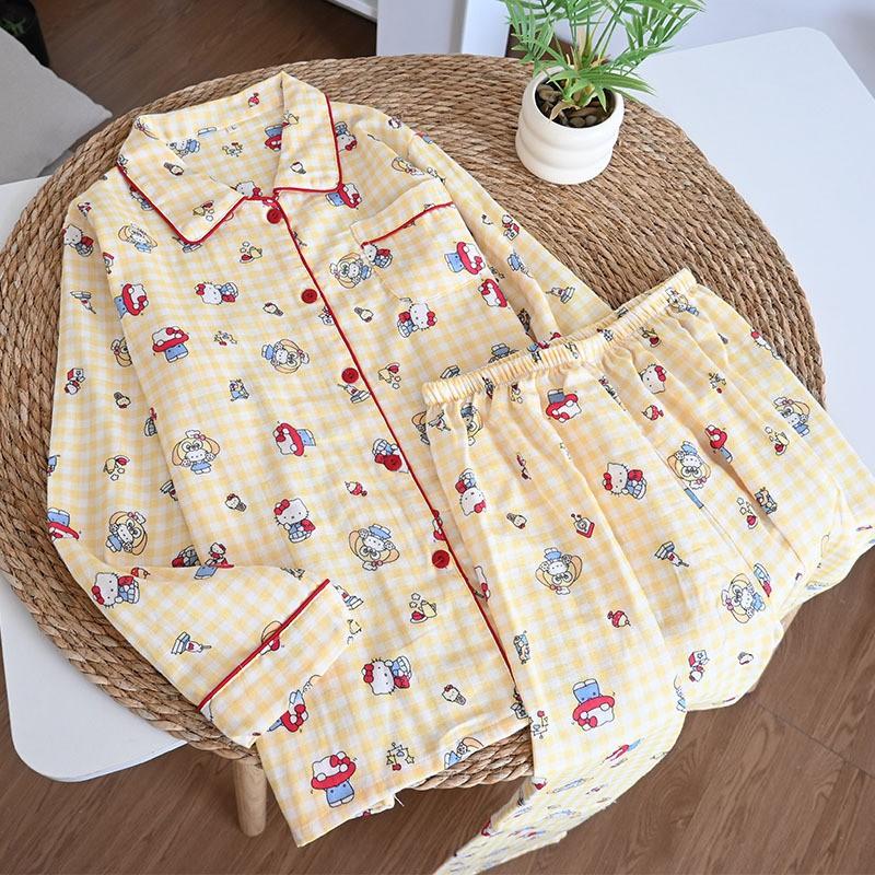 100% Cotton Gauze Pajamas Set Women Thin Breathable Long Sleeve Pants Loungewear