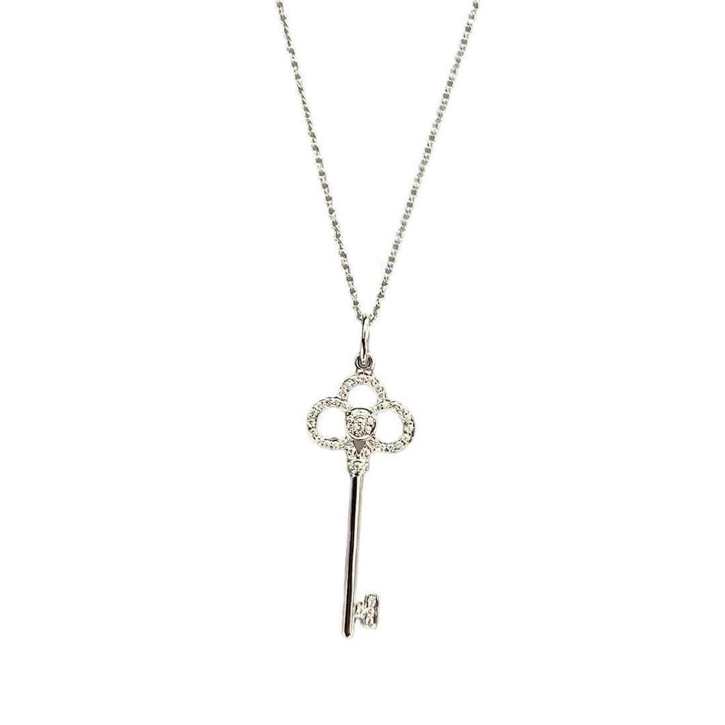 Collana Pendente Chiave in Argento Sterling TF con Corona Intarsiata di Diamanti e Catena Clavicolare in Oro Rosa 18K